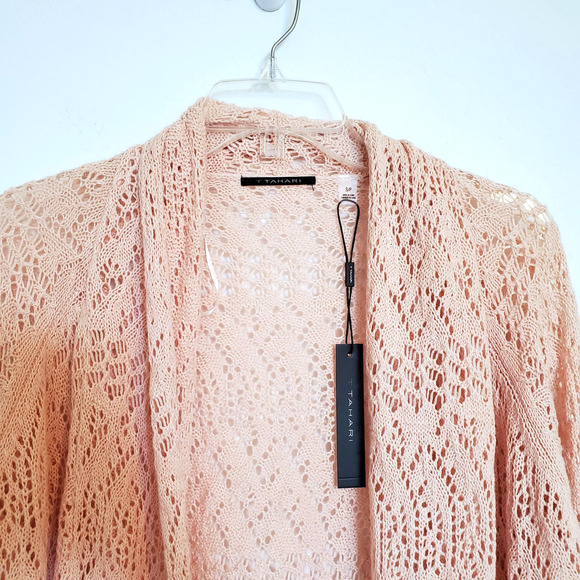 Tahari Long Cardigan SP Shimmer Blush Pink Open Crochet Knit Sweater Chic NWT - Picture 5 of 7